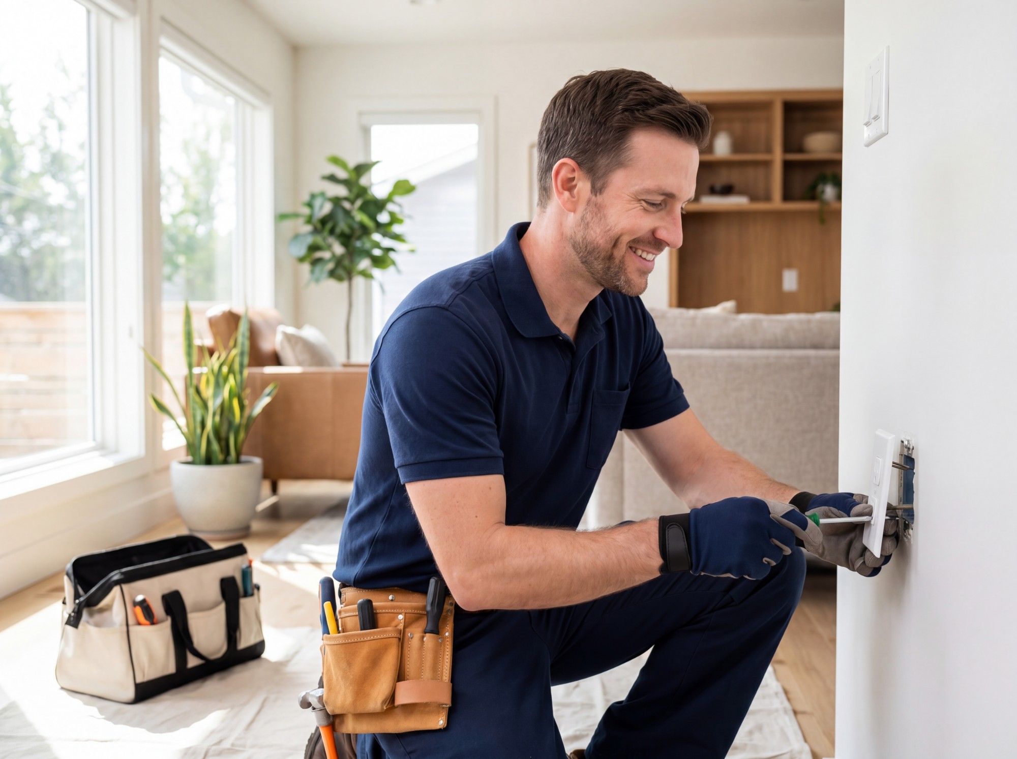 Friendly Ohm Lux electrician installing a switch in a bright modern living room