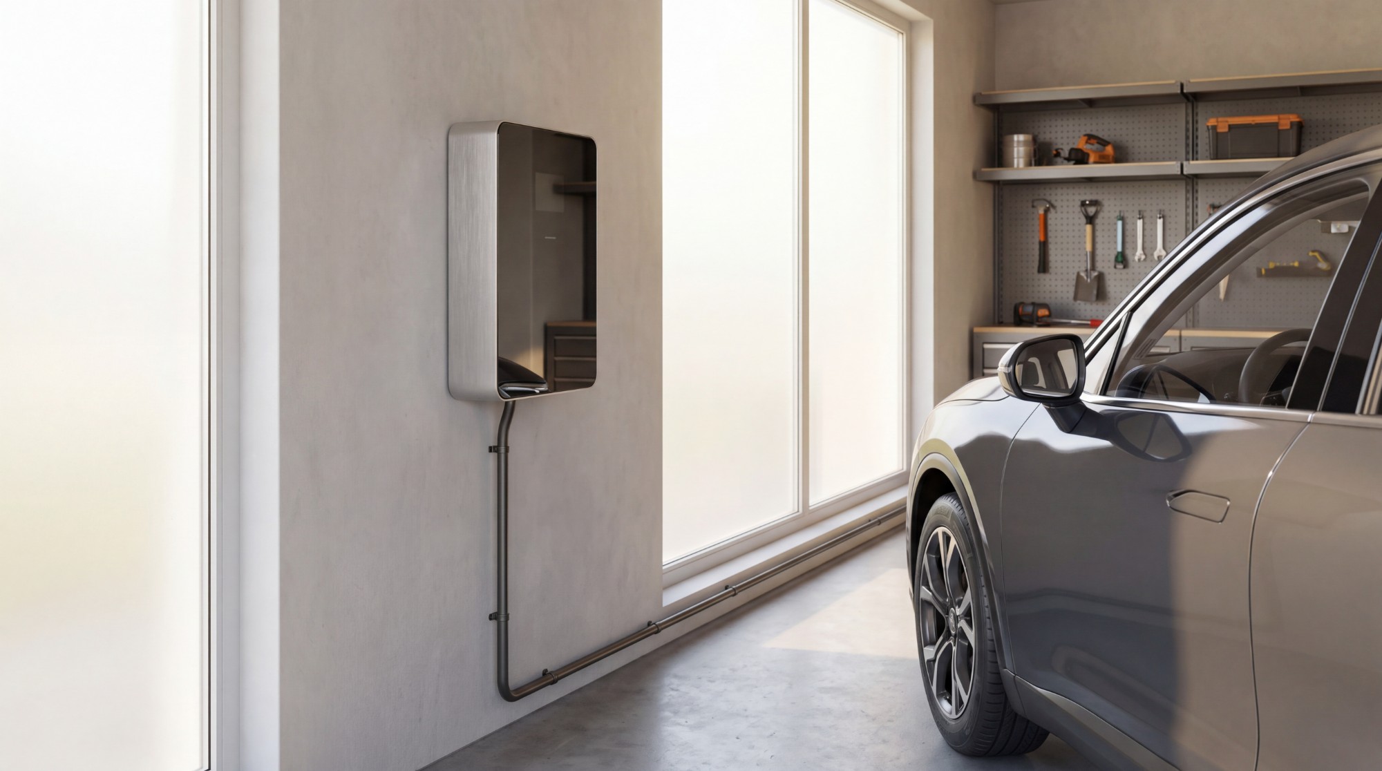 Home EV charger installed in a clean garage with tidy conduit